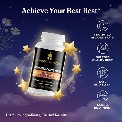 Conquest Nutrition Zenergy Optimal Sleep Formula supplement bottle with stars and night sky background