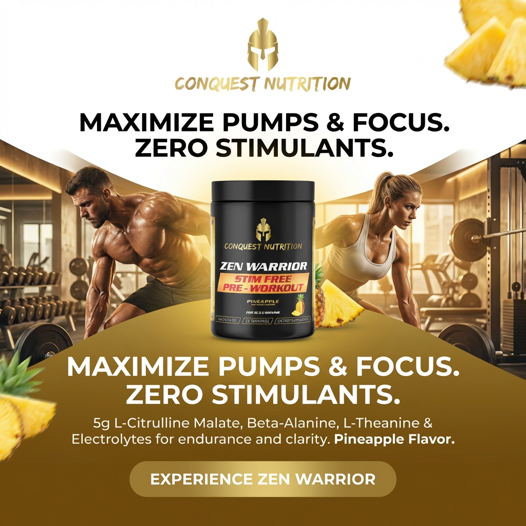 Advertisement for Conquest Nutrition Zen Warrior supplement with gym setting and text about product benefits.