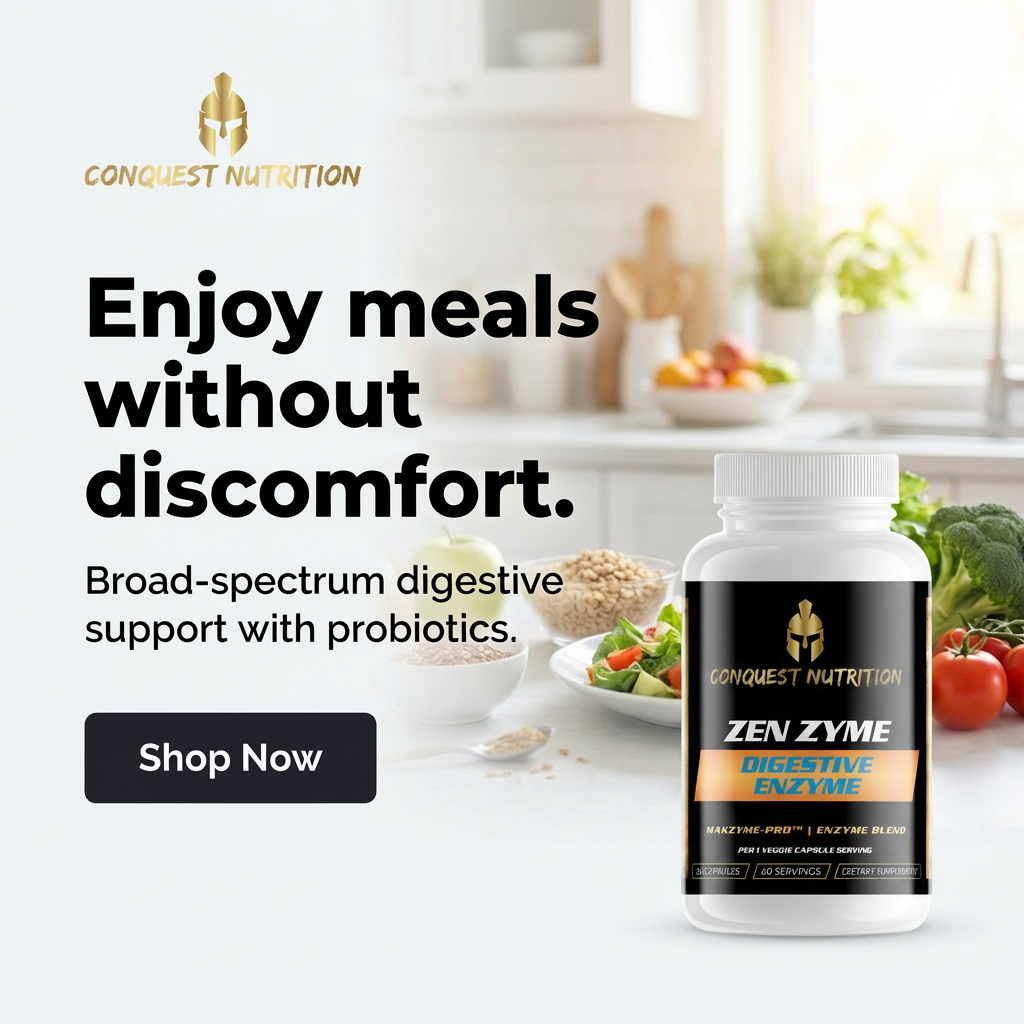 Conquest Nutrition Zen Zyme Digestive Enzyme supplement bottle with a kitchen background.