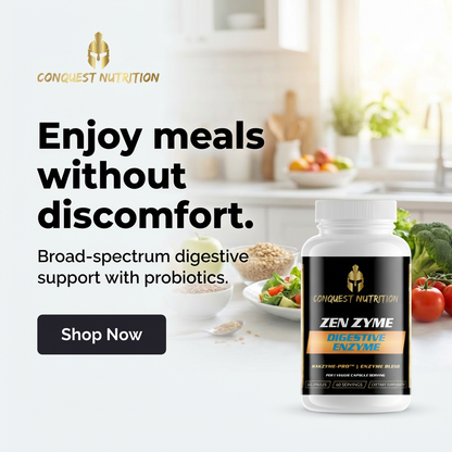 Conquest Nutrition Zen Zyme Digestive Enzyme supplement bottle with a kitchen background.